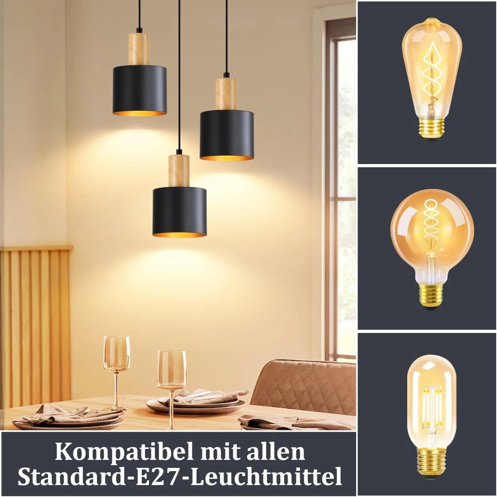 Lampada a sospensione ZMH vintage E27 nera e oro lampada da pranzo a 3 luci lampada a sospensione regolabile in altezza