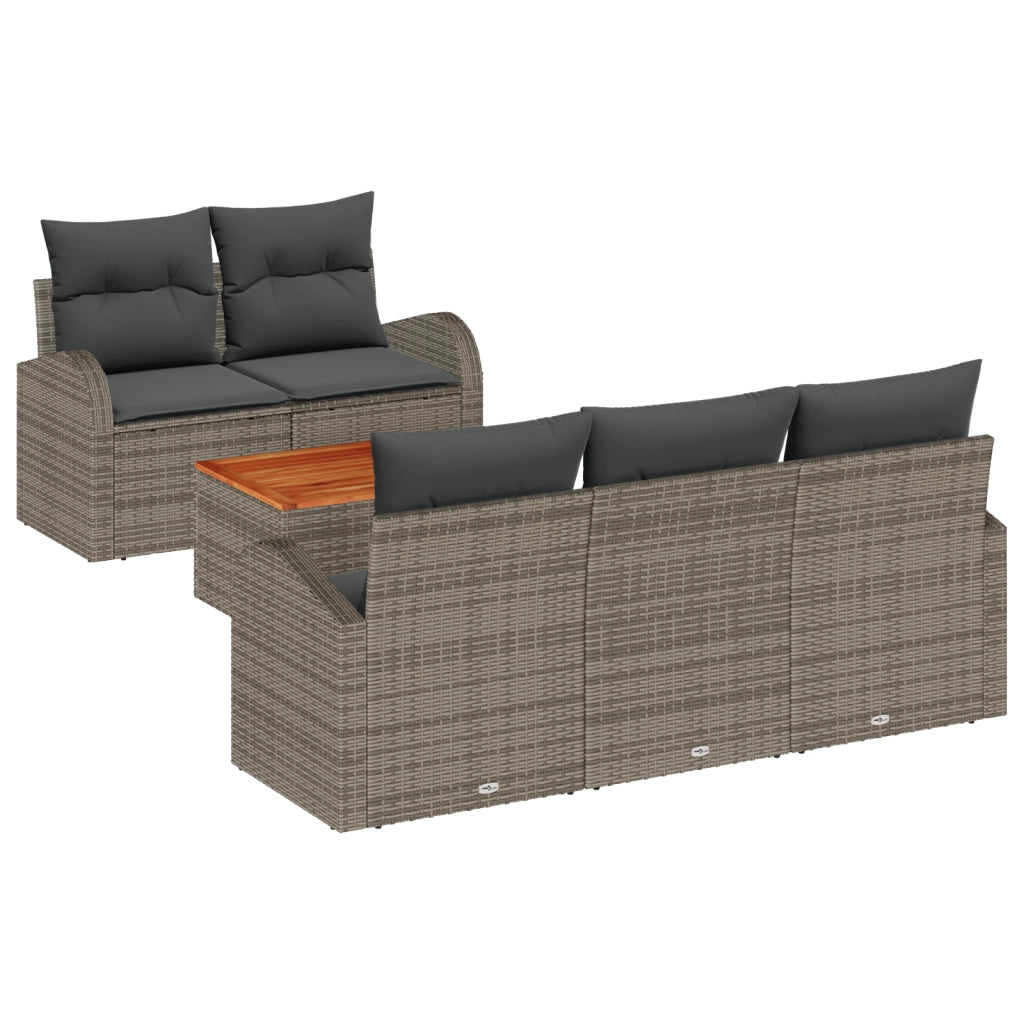 Set Divano da Giardino da 6 Pezzi con Cuscini Grigi in Polyrattan e Acacia