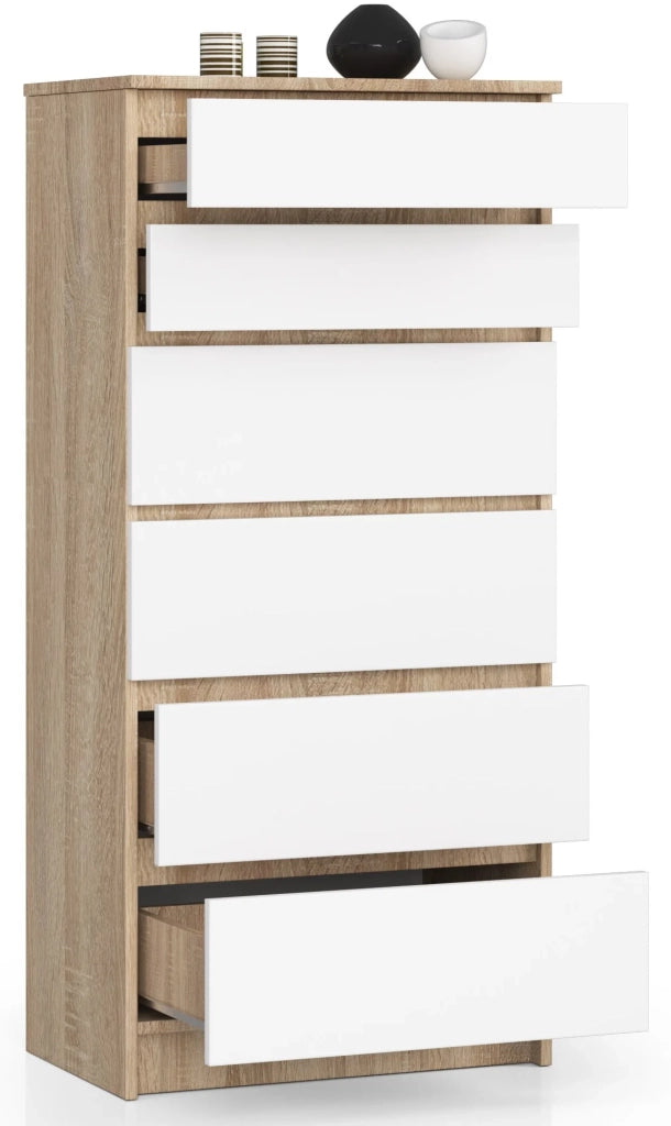Cassettiera AKORD K60 Cassettiera Sonoma Quercia 60 cm 6 cassetti inserto frontale Bianco 60x40x130 cm