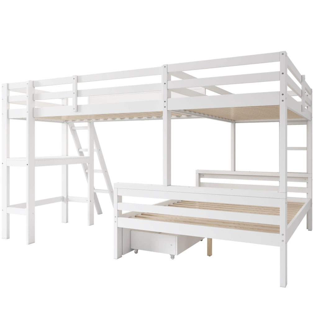Letto a castello per bambini per 3 persone 140x200 cm e 2x90x200 cm in legno massiccio bianco e rovere