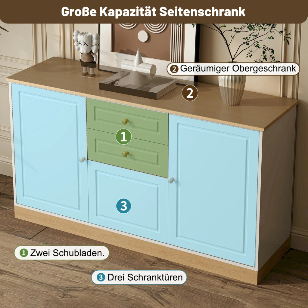 Credenza bianca effetto legno con ante e cassetti 135,5 cm