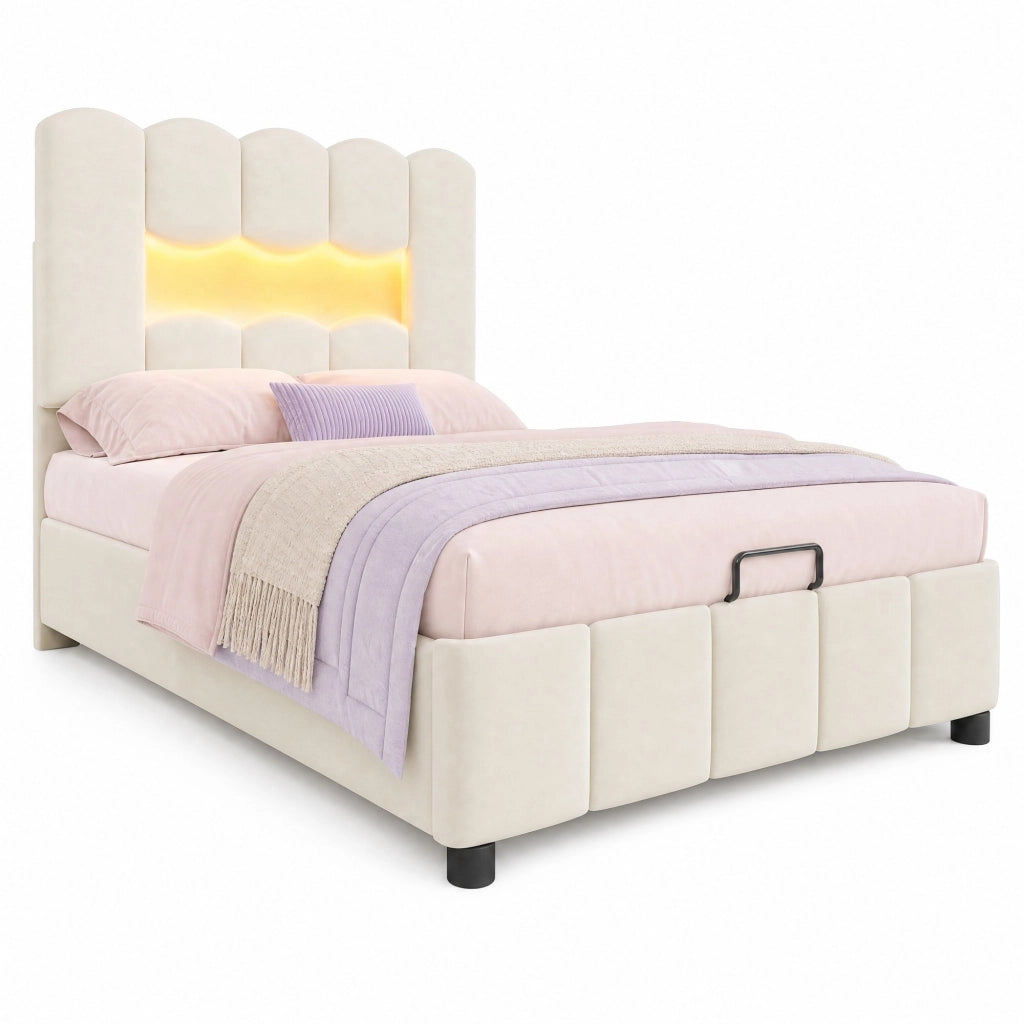 Letto imbottito 90x200 cm con contenitore idraulico; LED multicolore e testiera regolabile; beige