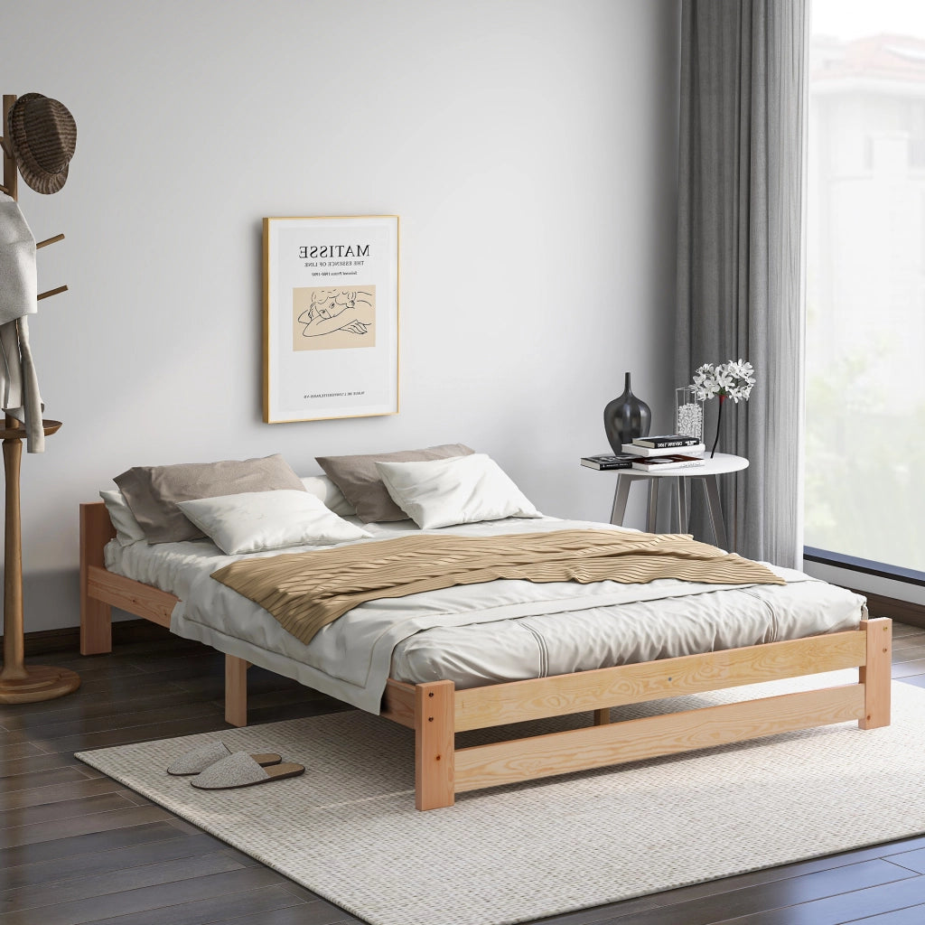 OKWISH Letto Singolo 140×200 cm con Testiera e Rete a Doghe, senza Materasso, in Legno Massello, Naturale