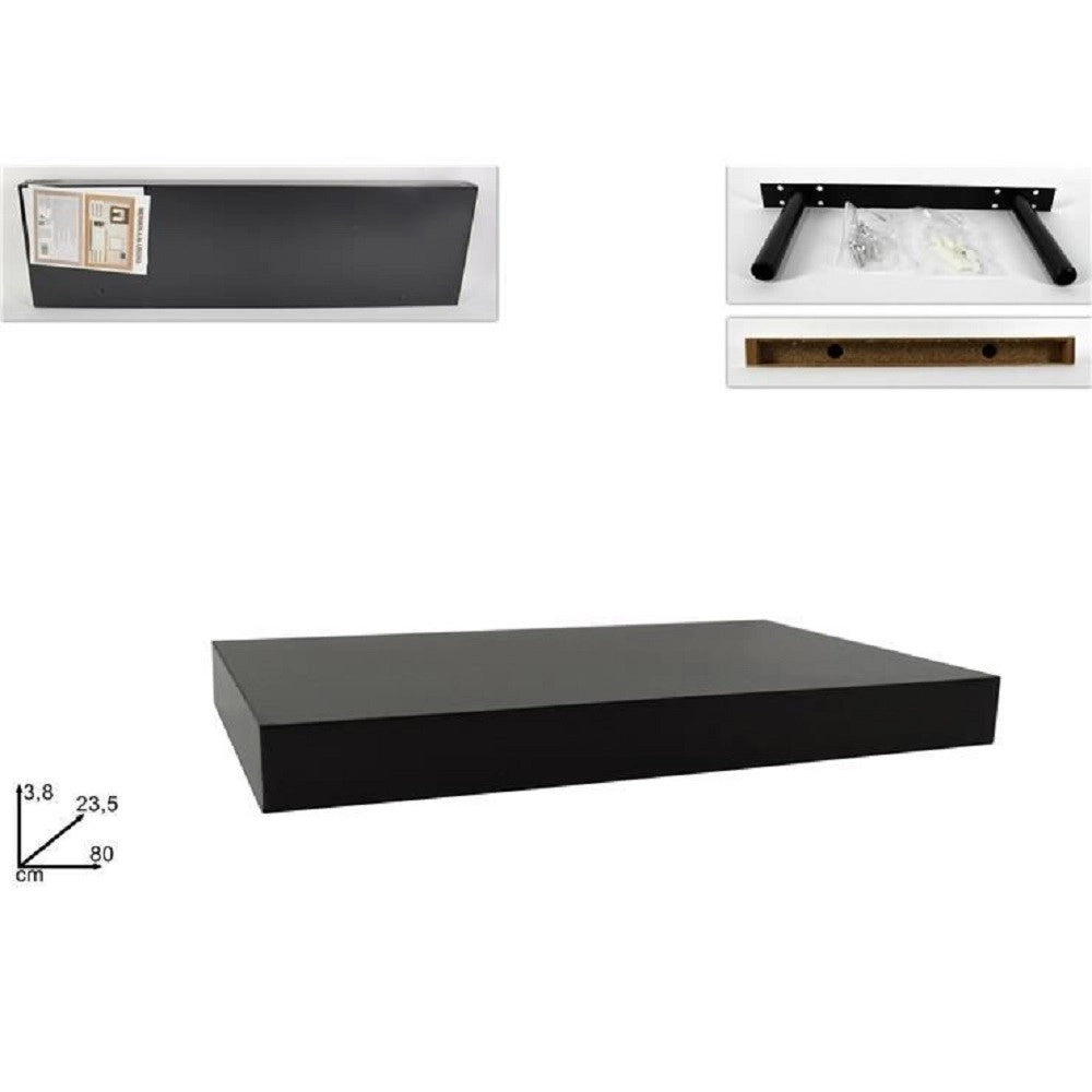 Trade Shop - Mensola Da Parete In Legno Mdf 80x23,5x3,8cm Pensile Scaffale A Muro Staffe Nero -