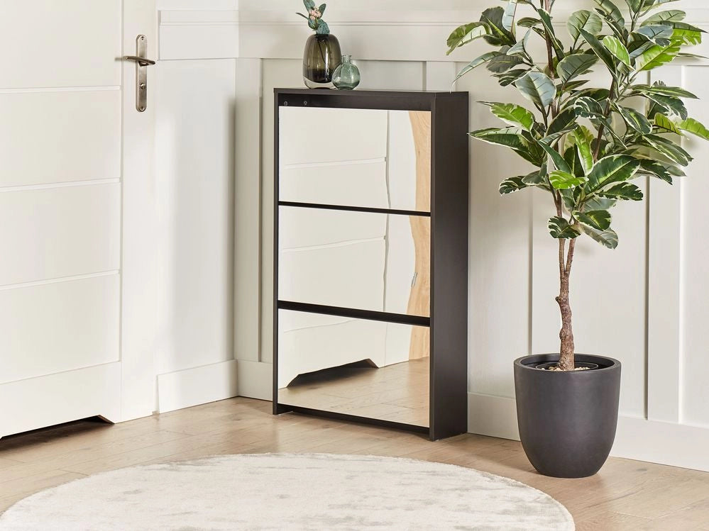 Scarpiera 3 scomparti con telaio in MDF e specchi nero design moderno