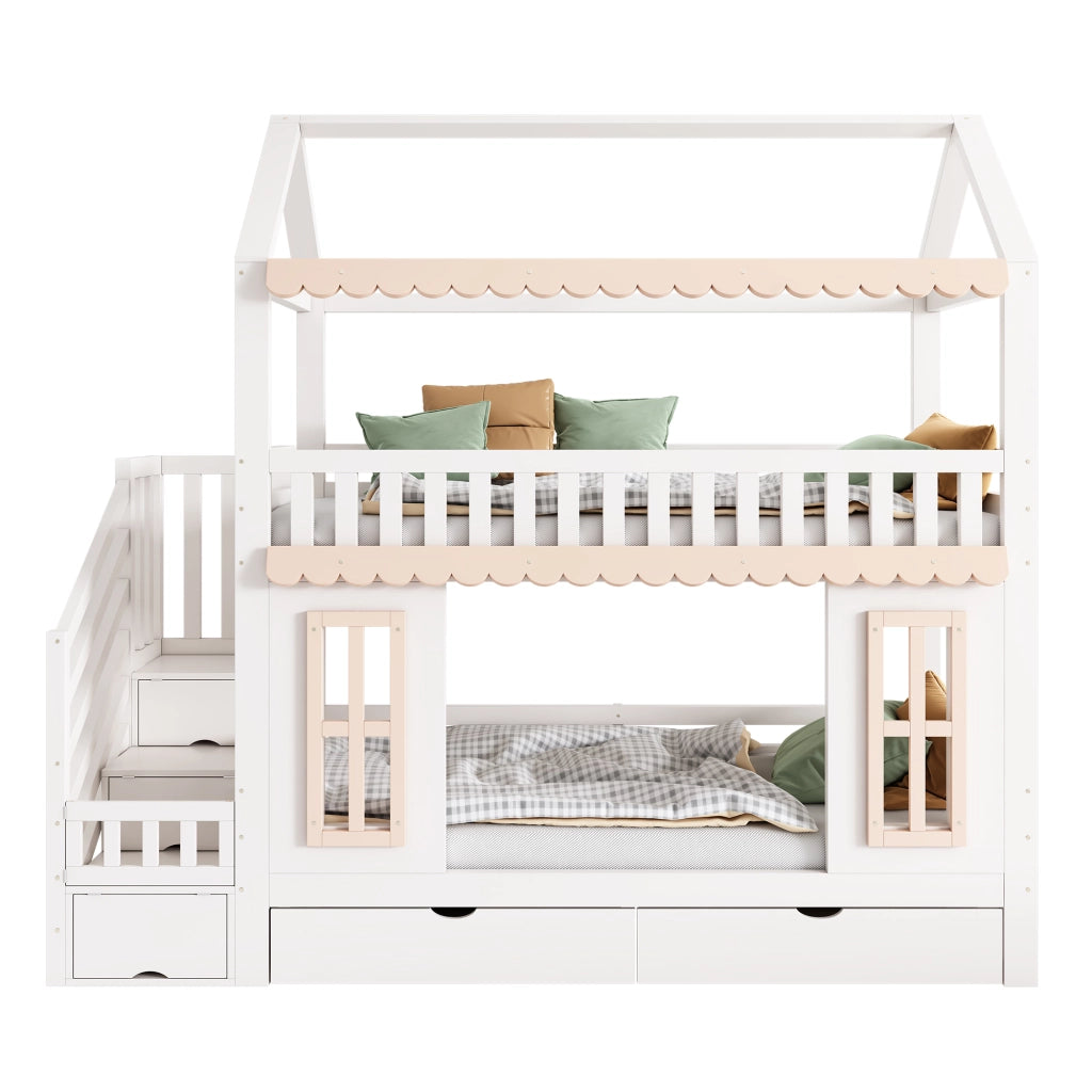 Letto a Castello 90 x 200 cm - Scala con Contenitore e 2 Cassetti - in Legno - Bianco e Naturale