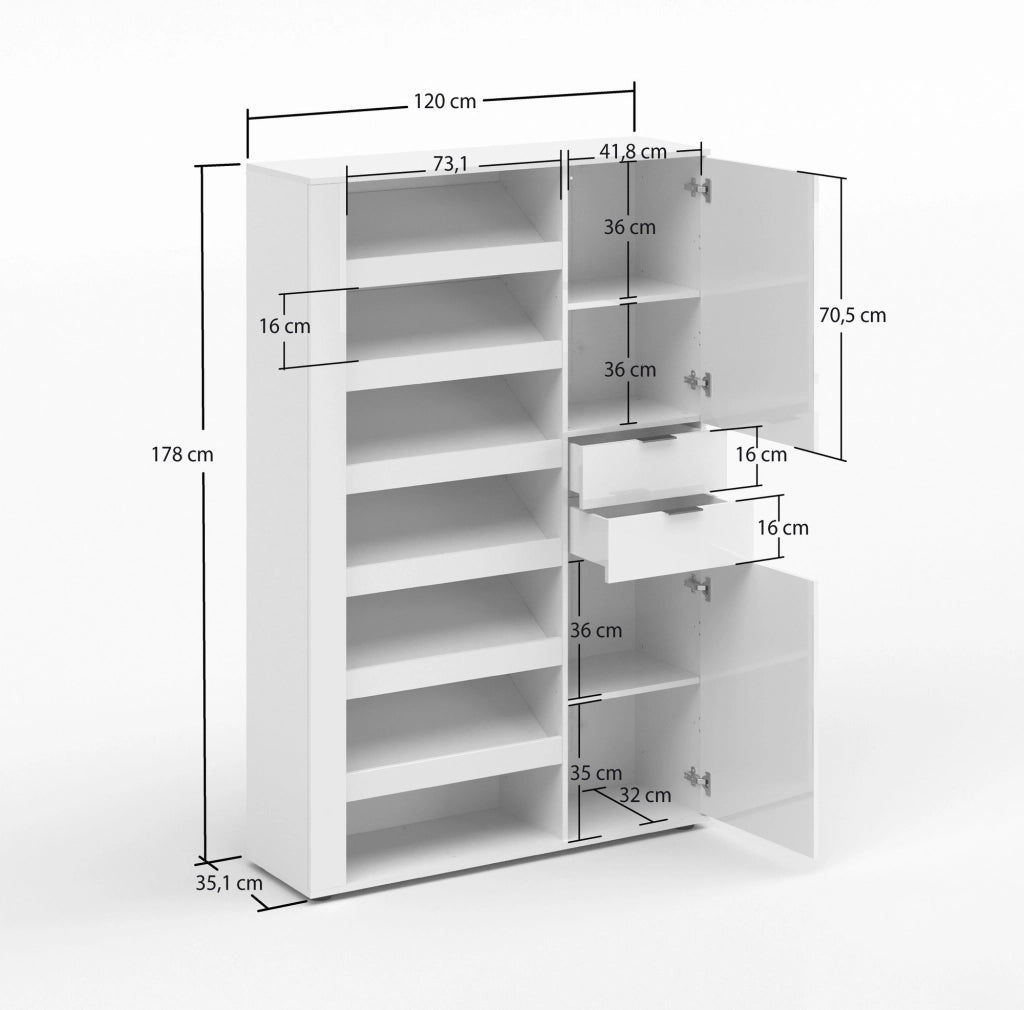 Mobile Portascarpe Rotondo, Scarpiera 8 Ripiani Made in Italy, 120x35x178h cm Bianco Lucido