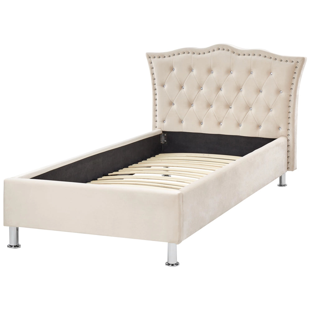 Letto singolo beige Velluto imbottito Telaio con decorazione rete a doghe Bottoni di cristallo Poggiatesta Camera da letto Moderna Glam