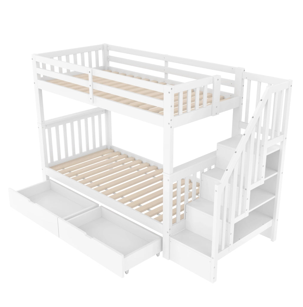 Letto a castello ULEVR 90x200 cm con scala a ripiani, 2 cassetti e sponde alte, bianco