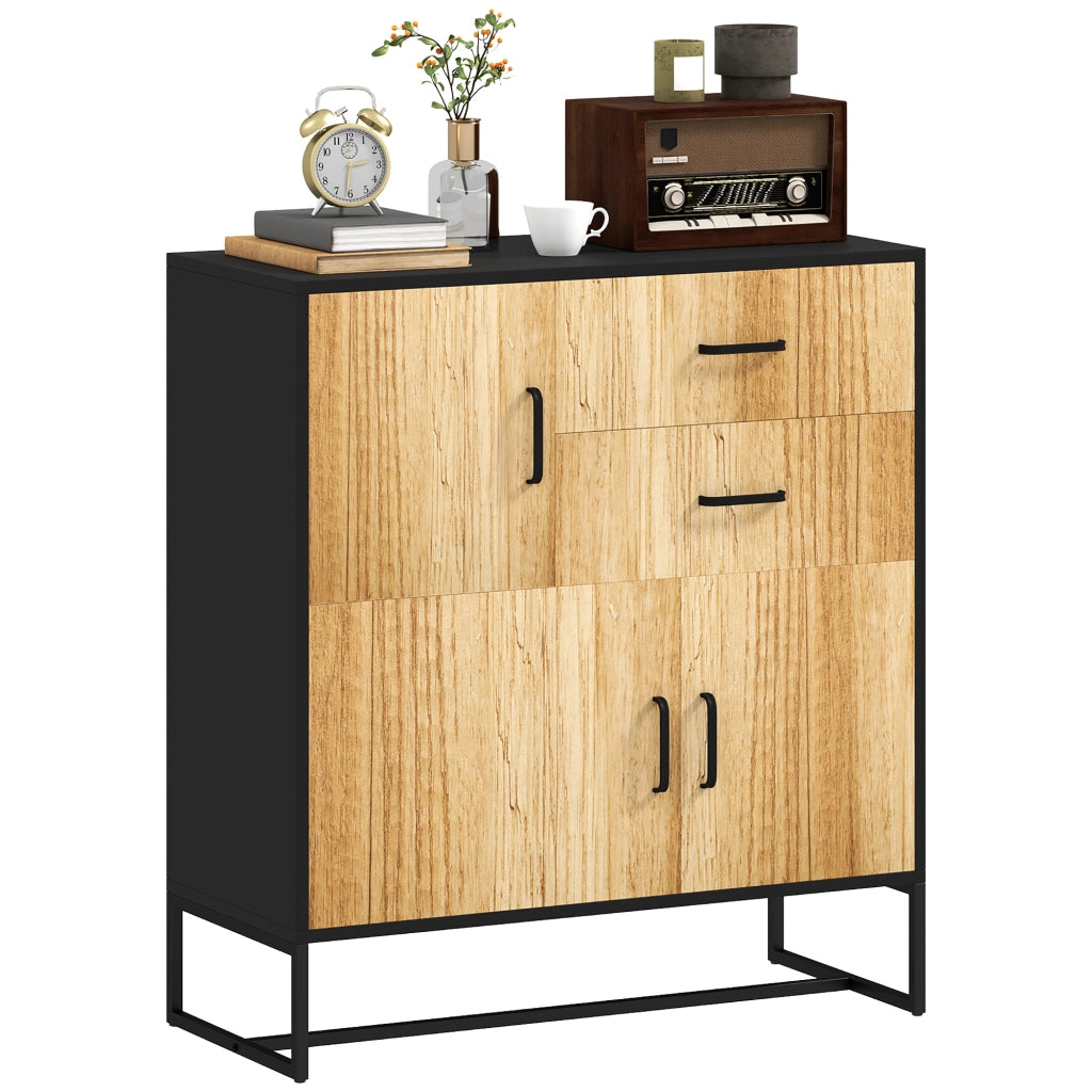 Credenza Moderna Portaoggetti con 3 Armadietti e 2 Cassetti, Mobiletto Multiuso in Truciolato e Acciaio, 80x35x85 cm, Nero e Color Legno