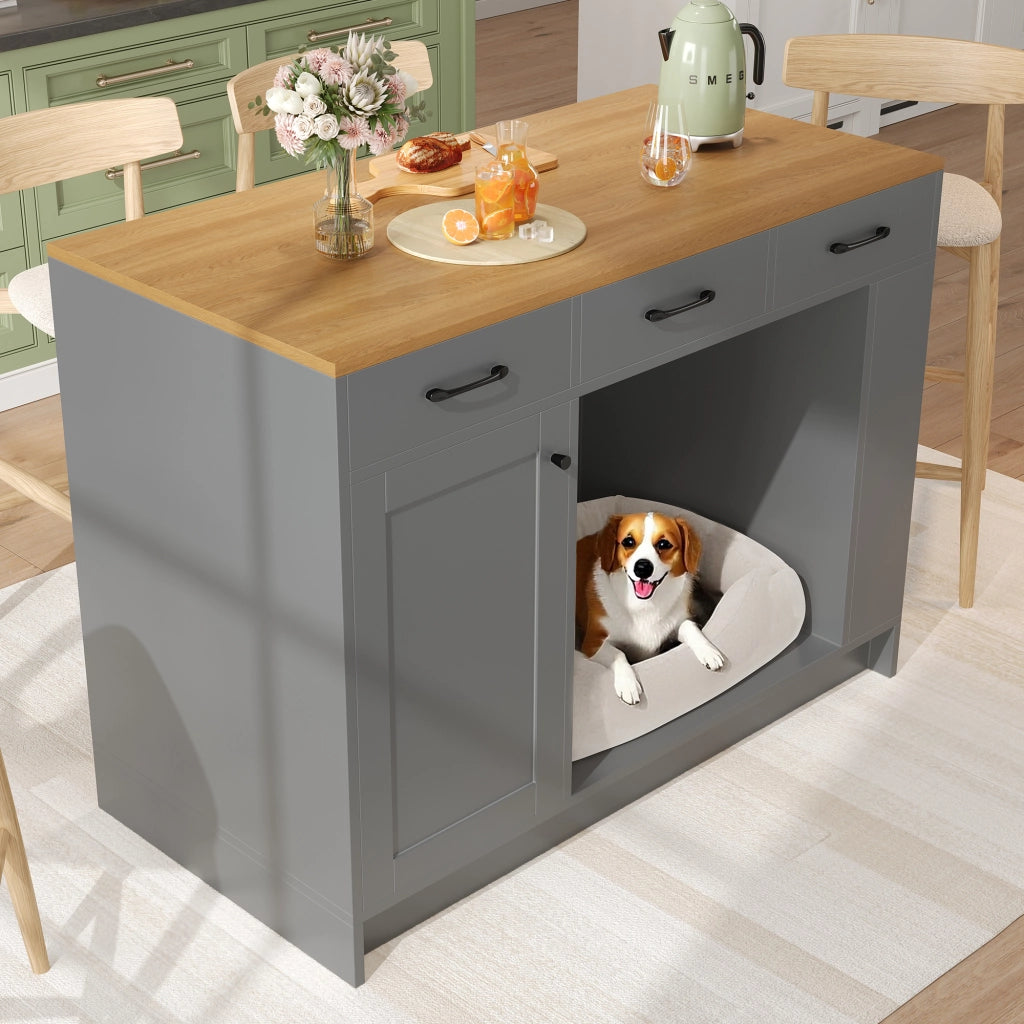 Carrello da Cucina con 3 Cassetti; Portaspezie; Ripiano Regolabile e Vano per Animale; in MDF; 120x60x90 cm; Grigio e Naturale
