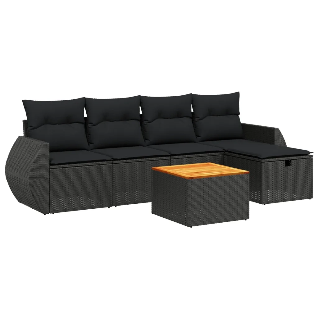 Set Divano da Giardino 6 pz con Cuscini Nero in Polyrattan