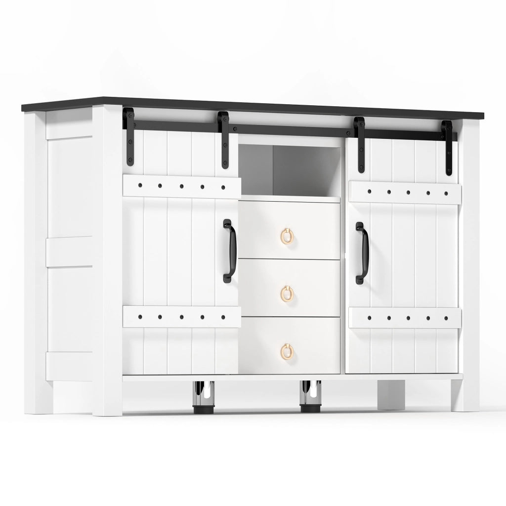 Credenza Sideboard da 120 cm con 2 porte scorrevoli e 3 cassetti, bianca, in MDF, stile rustico moderno
