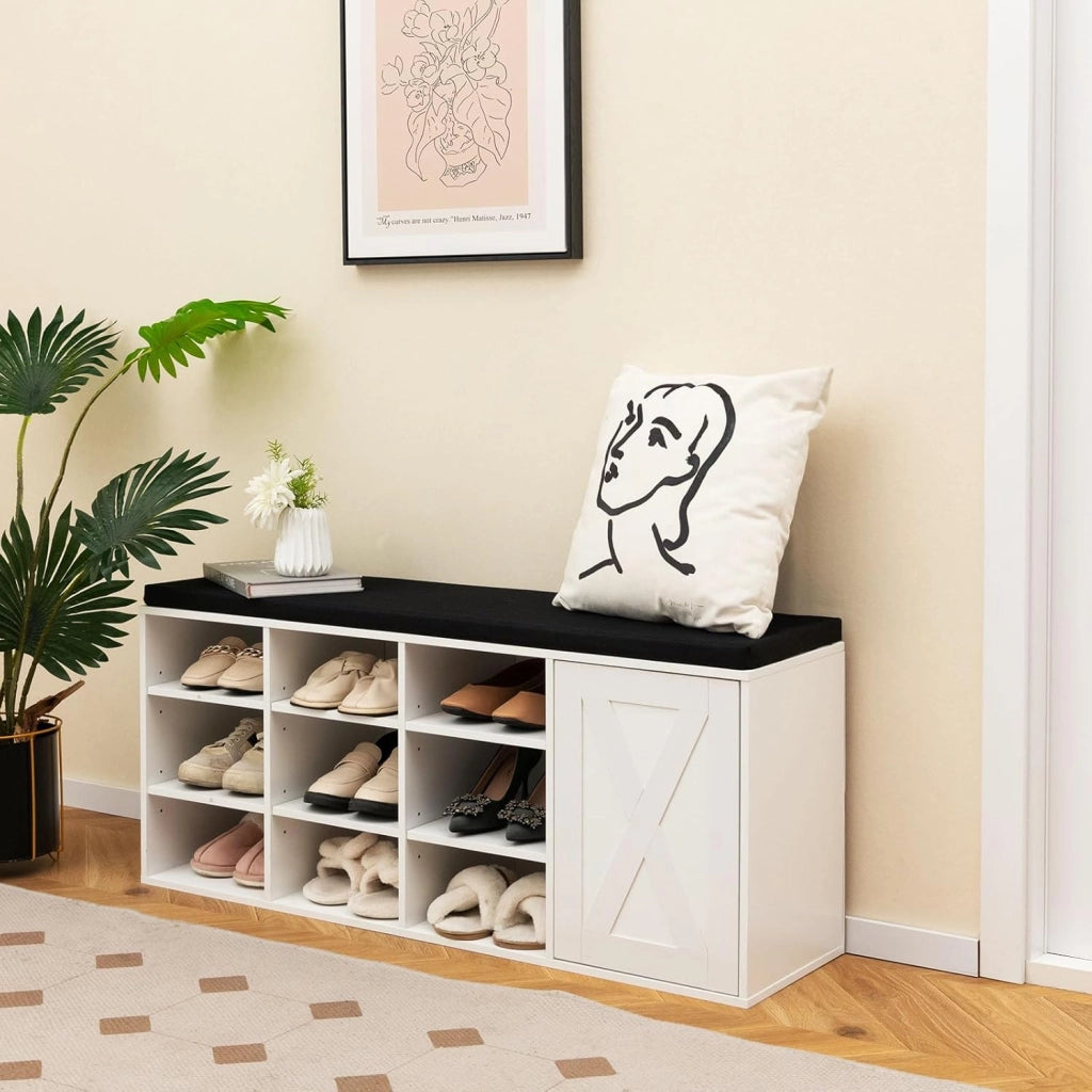 Panca Scarpiera da Ingresso, Scarpiera con Seduta Imbottito, 9 Scomparti e Armadio con Ante, Panca Contenitore con Ripiani Regolabili, per Camera da Letto Corridoio, 110,5x30x49 cm (Bianco)