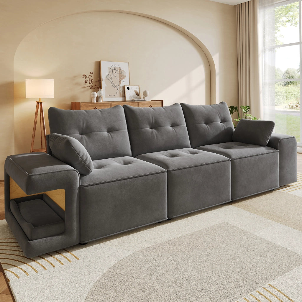 SOFÀ 3 POSTI 229,5x78x84 cm Velluto Grigio con 2 cuscini e vani portaoggetti