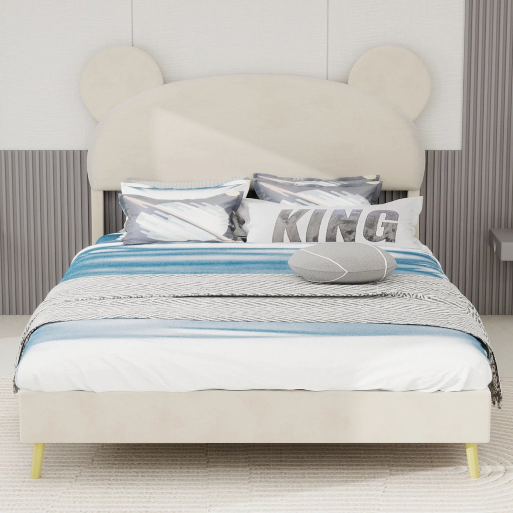 Letto per Bambini Singolo 140x200 cm; con Testiera Imbottita in Tessuto e Metallo; Beige