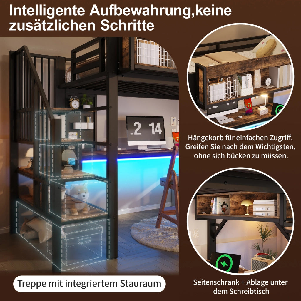 Letto a soppalco 90 × 200 cm con scrivania ad angolo, ripiani, LED e presa USB Type-C, senza materasso
