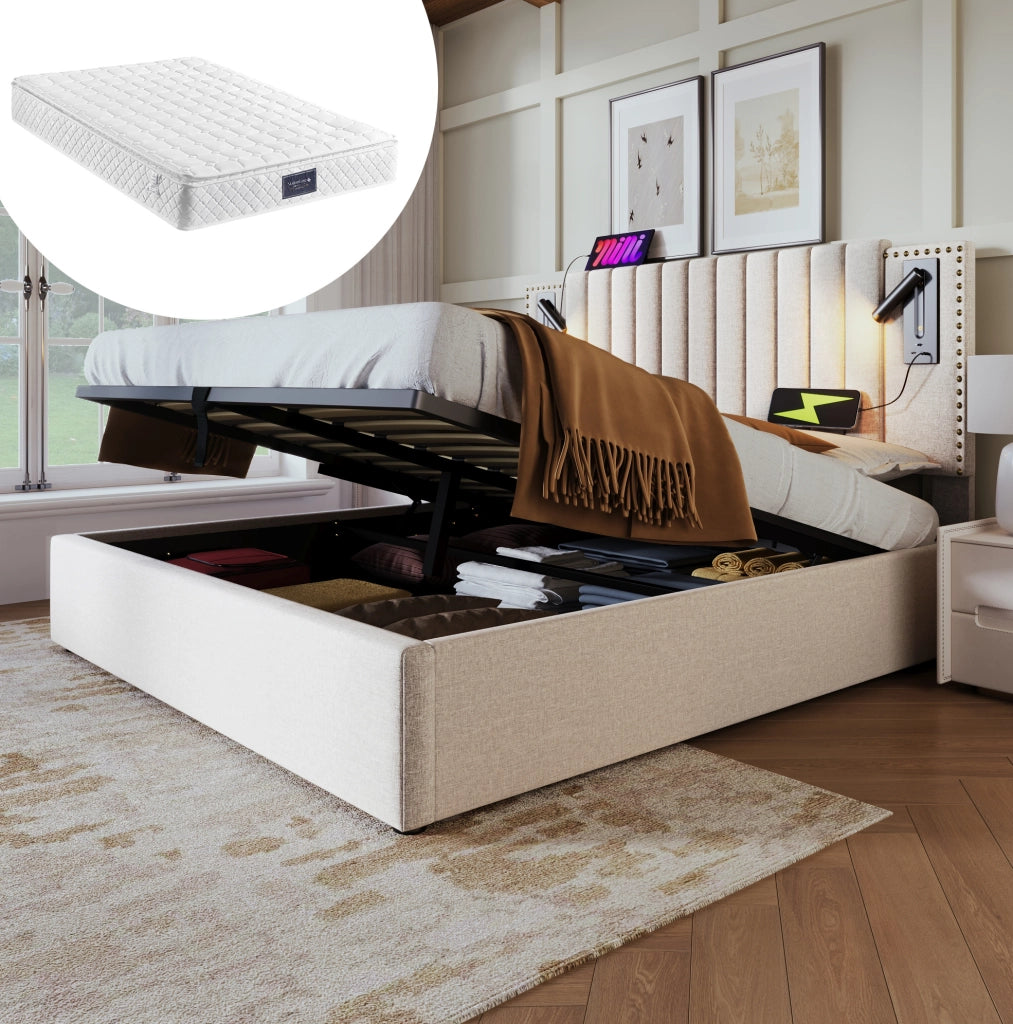 Letto matrimoniale imbottito 140x200 cm beige con contenitore; luce da lettura e porte USB-C