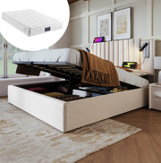 Letto matrimoniale imbottito 140x200 cm beige con contenitore; luce da lettura e porte USB-C