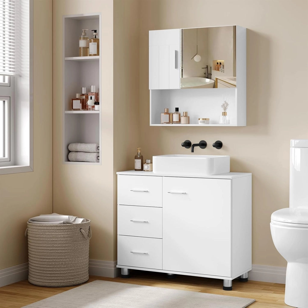 Mobiletto Sotto Lavabo con Ripiano Regolabile, Mobile da Bagno Freestanding con Anta a Cassetto, 70x60x30 cm, Mobiletto da Bagno Bianco