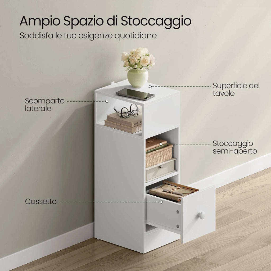 Set di 2 Comodino Stretto, Comodino con 2 Scomparti a Giorno e Cassetto, Tavolino da Notte 25x30x66cm, Mobile Salvaspazio per Camera da Letto, Soggiorno, in Truciolato, Bianco, 0179ZZ-2