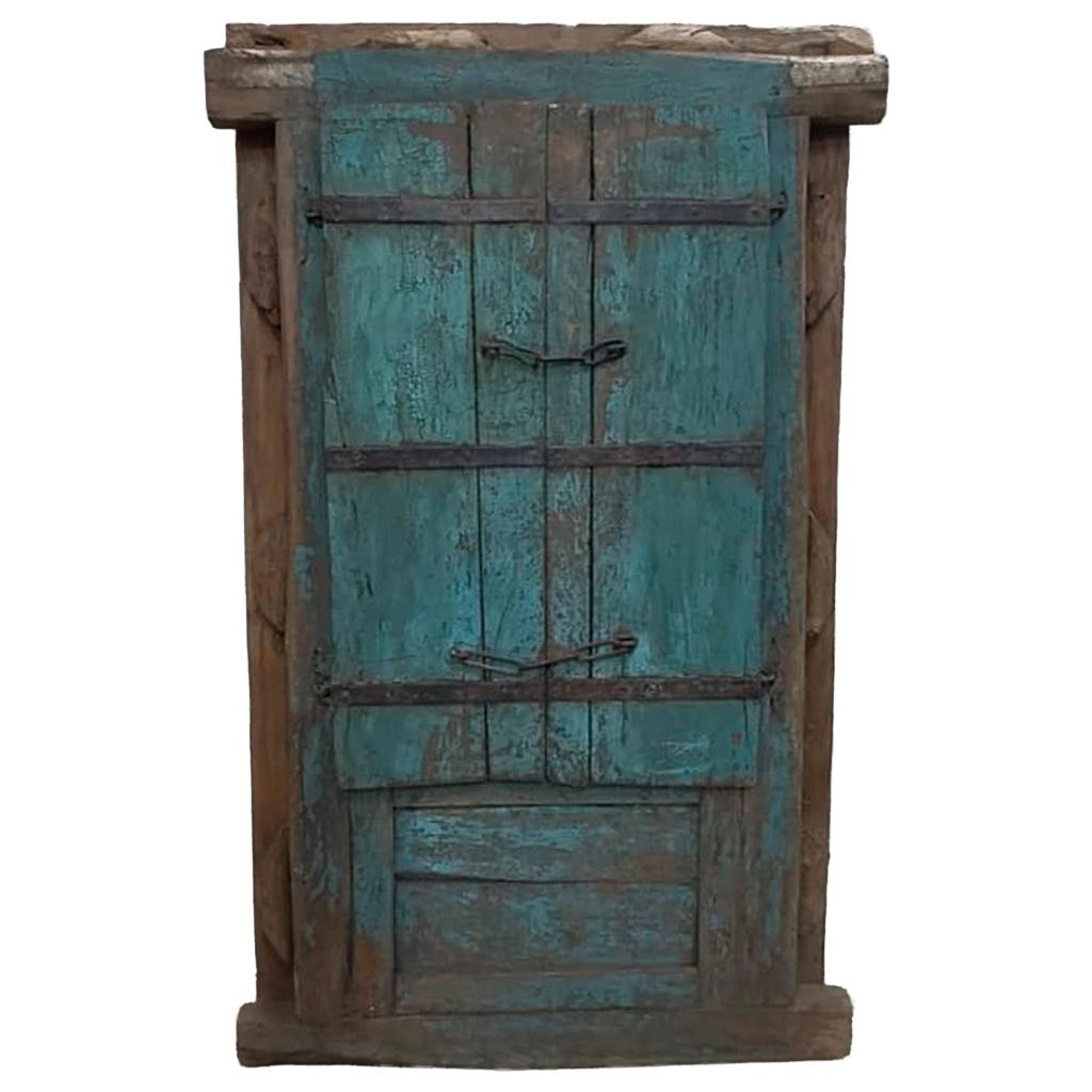 Finestra in legno con finitura artigianale blu, 105x12x166h cm