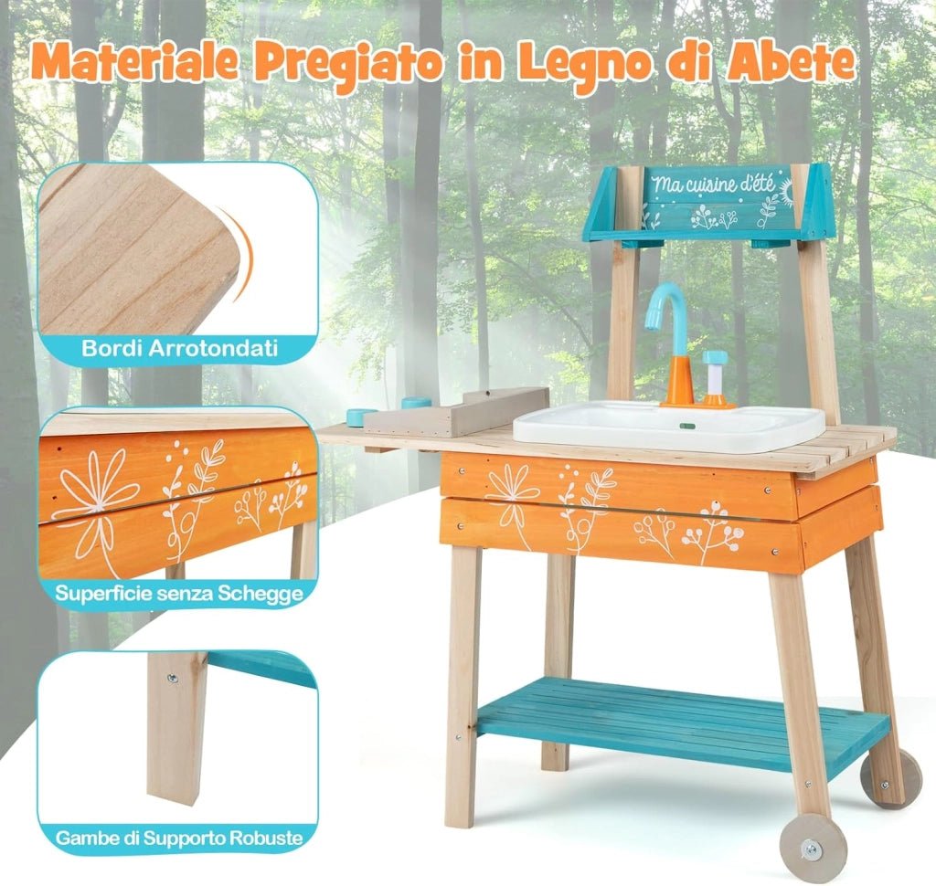 Cucina Giocattolo per Bambini, Cucinatta in Legno da Esterno con 2 Ruote, Griglia, Manopole Girevoli, Lavandino e Rubinetto, Cucina da Fango Interattiva con Accessori per Bambini 3+ Anni
