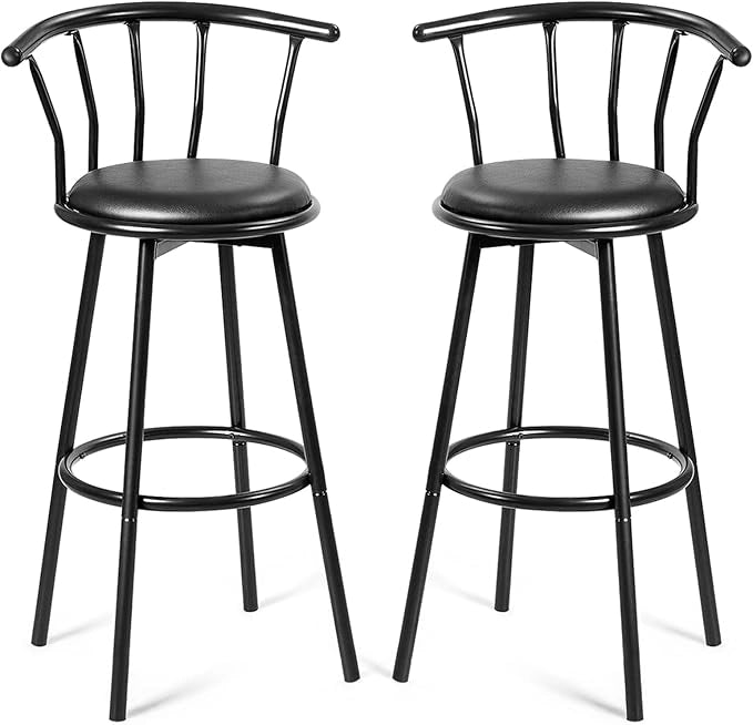 Sgabello Alto, Girevole a 360°, Set di 2 Sedie da Bar con schienale e poggiapiedi, 101,5 x 56 x 55 cm, Portata Massima 150 kg (Nero)