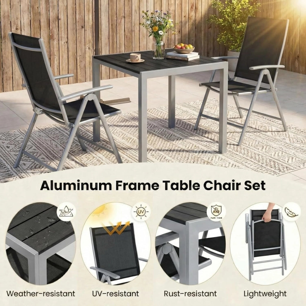 Set Giardino Esterno 3 Pezzis, Aluminium Tavolo da Giardino con Sedie, Tavolo e Sedie da Balcone, 2 Sedie Pieghevoli e Tavolino 75x75 cm, Salottino da Giardino Esterno 2 Posti, Grigio argento