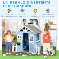 Casa per Bimbi 3-7 Anni con Staccionata, Portavasi, Porta e Finestre, in Legno di Abete, 151x112.5x142 cm, Blu