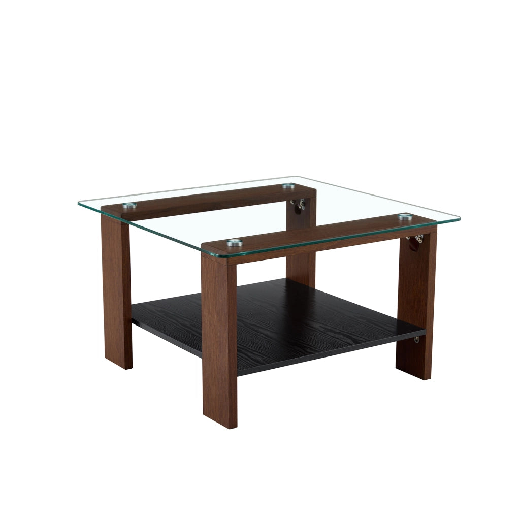 Tavolino da caffè moderno con piano in vetro temperato e vano portaoggetti, 65x41x45,5 cm, colore noce