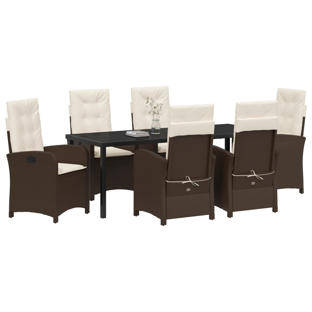 Set da Pranzo da Giardino da 7 Pezzi con Cuscini Marrone Rattan Poliestere
