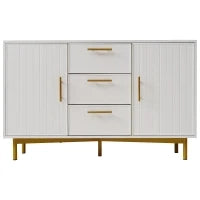 Credenza Elegante con 2 Ante e 3 Cassetti,  Design Moderno con Maniglie Decorative Oro, per Soggiorno e Camera da Letto, Bianco
