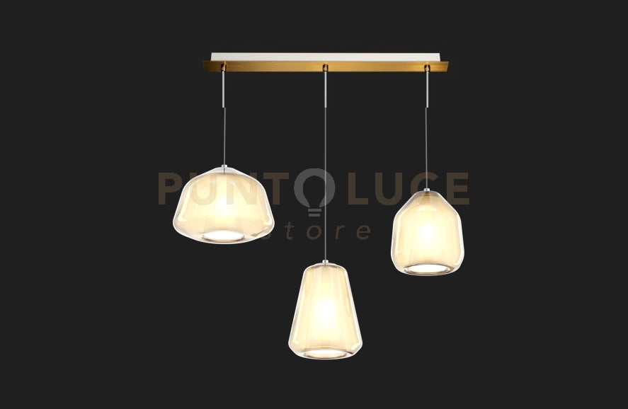 SOSPENSIONE OTTONE SAT. 3 LUCI RETTANGOLARE VETRI ALPHA + BETA + GAMMA AMBRA 1176OS-S3 R ABG-AM