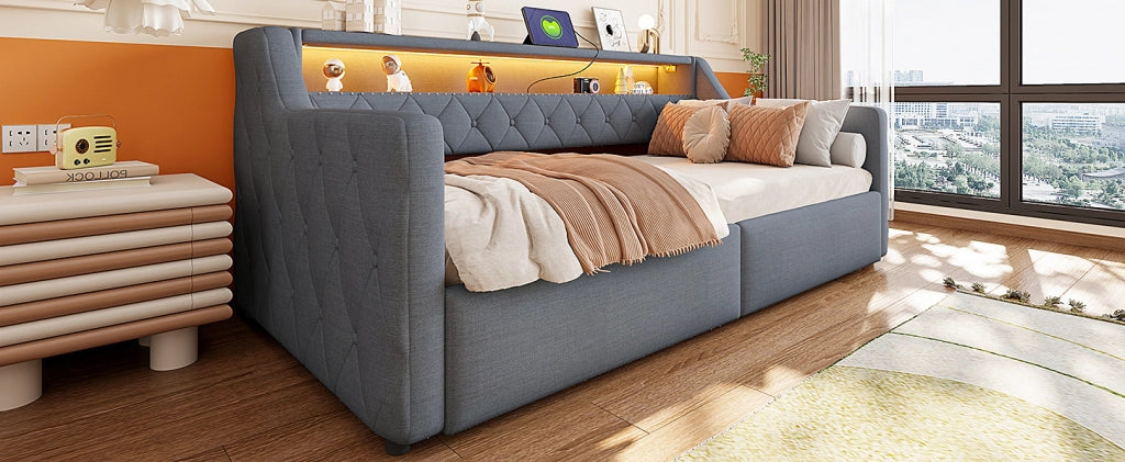 Letto daybed 90x200 cm con LED multicolore; contenitore idraulico; USB e USB-C; in lino grigio