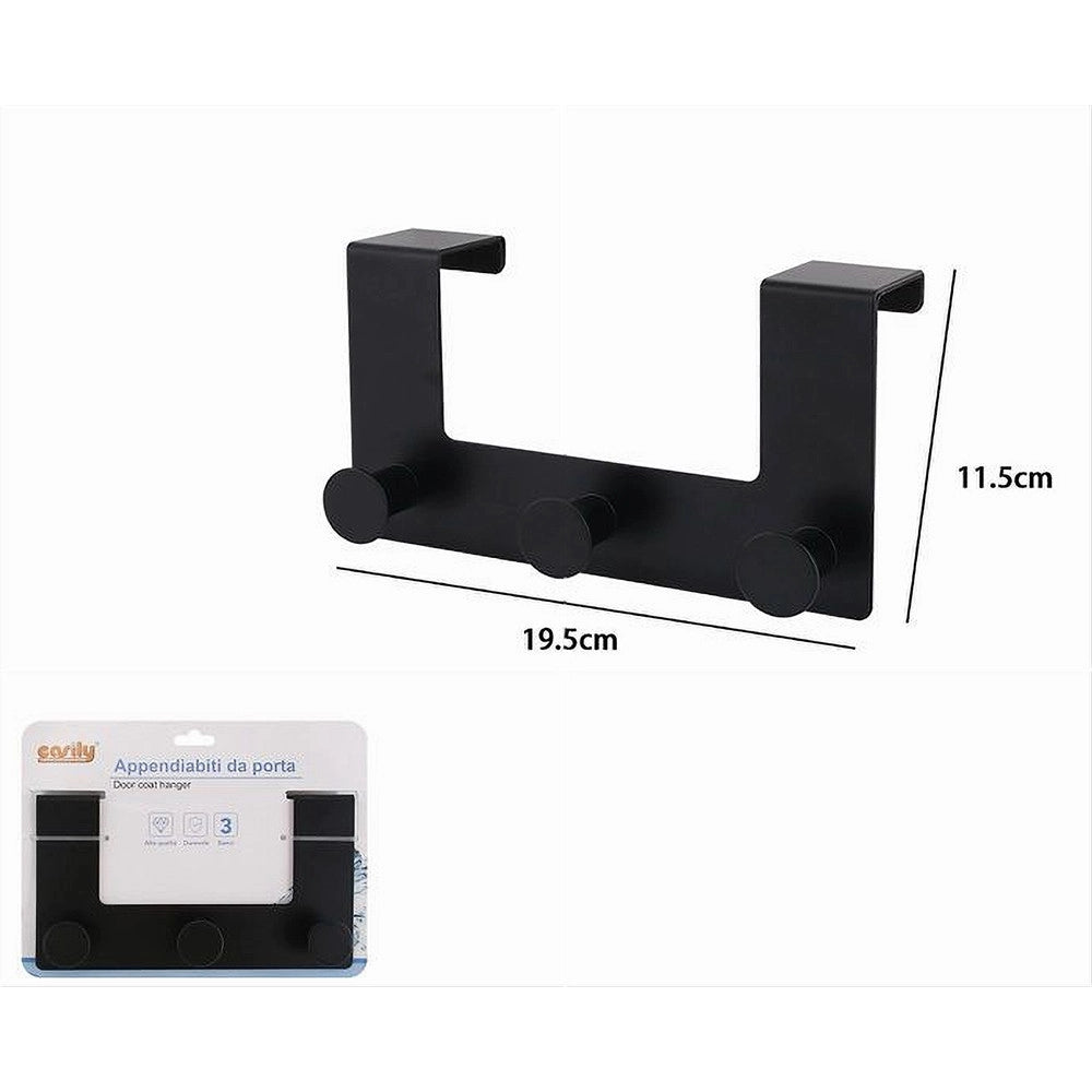 Trade Shop - Appendiabiti Da Porta Con 3 Ganci 19.5x11.5cm Nero Per Asciugamani Vestiti 87776 -
