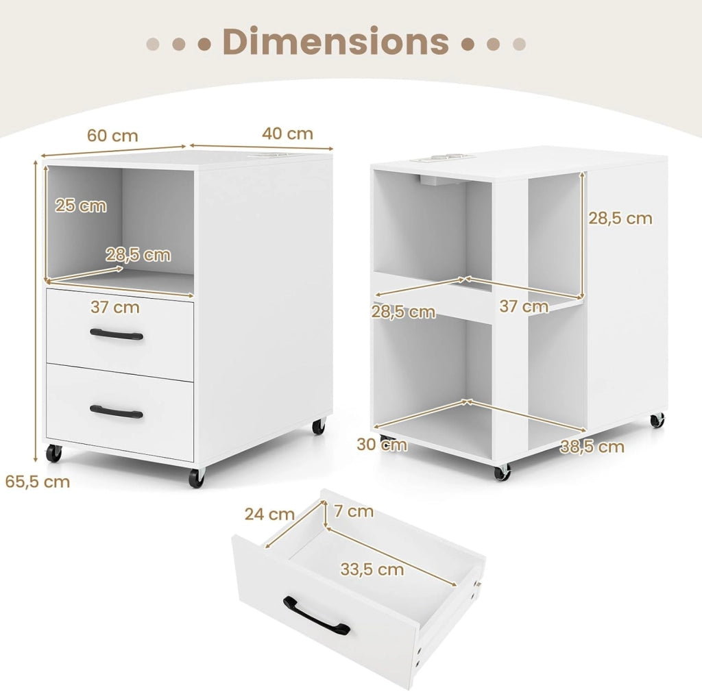 Tavolino Laterale Mobile con Stazione di Ricarica, Comodino con Cassetti, Ripiani e Ruote Bloccabili, Tavolino Moderno per Camera da Letto, Ufficio e Soggiorno, 60 x 40 x 65,5 cm (Bianco)