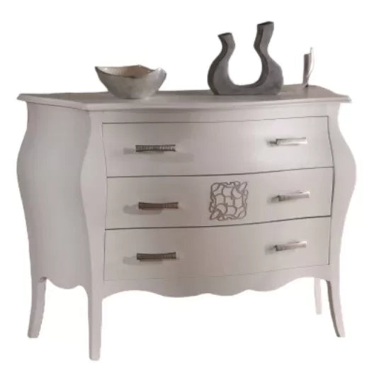 ComÒ bomabato laccato bianco con decori argento 118x50x85 - Mobili 2G