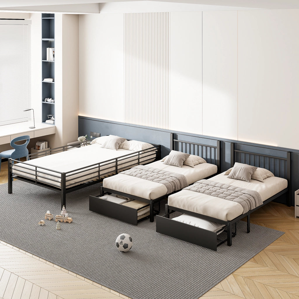 Letto a castello triplo in metallo con cassetti estraibili, trasformabile in 3 letti separati 140 x 200 e 90 x 200