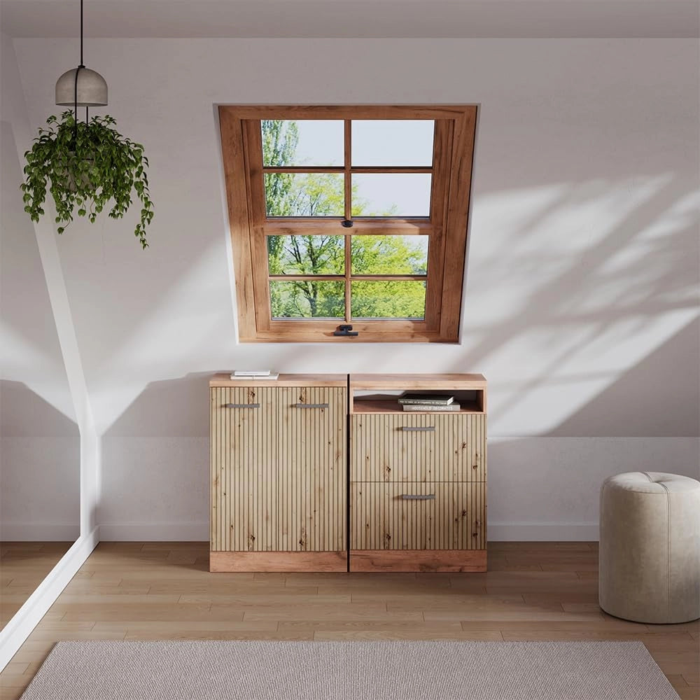 Set di mobili sottotetto Rion, Rovere artigianale, 120 cm Set di 2 carcasse armadio profondità 60 cm, adatto per il salvaspazio sotto tetti spioventi