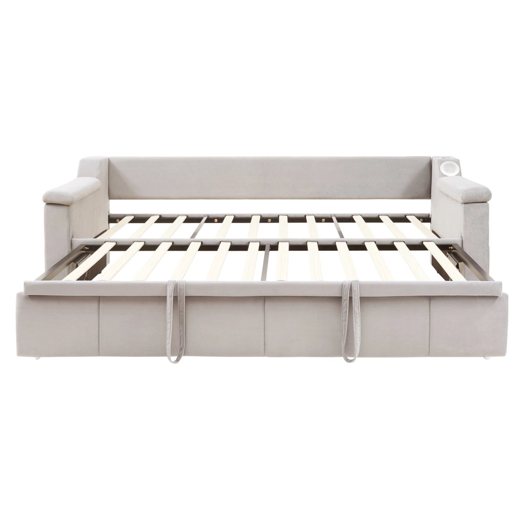 Divano letto 90x190 cm convertibile con Bluetooth; USB e vani in velluto beige