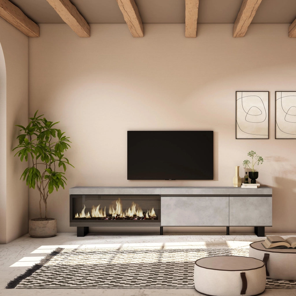 Mobile TV Soggiorno, 237x35x57cm, TV di grande formato, Camino elettrico XXL, Design industriale, grigio cemento RF3588