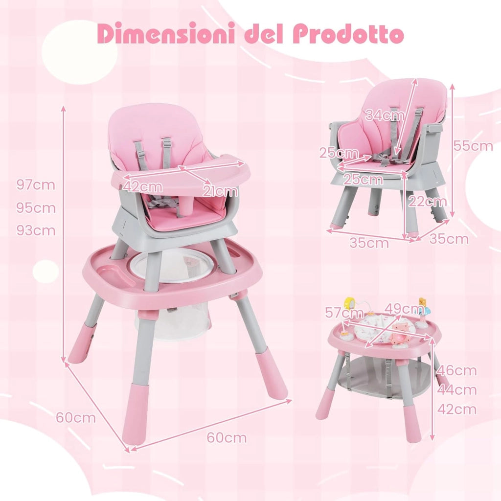 Seggiolone Pappa Bambini, con Cintura e Vassoio Rimovibile (Rosa) | Sedia Evolutiva per Neonati 6-36 Mesi con Cintura e Vassoio Rimovibile, 3 Giochi e Cestino
