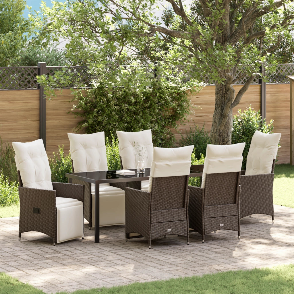 Set da Pranzo da Giardino di 7 Pezzi con Cuscini Marrone Rattan Polimerico
