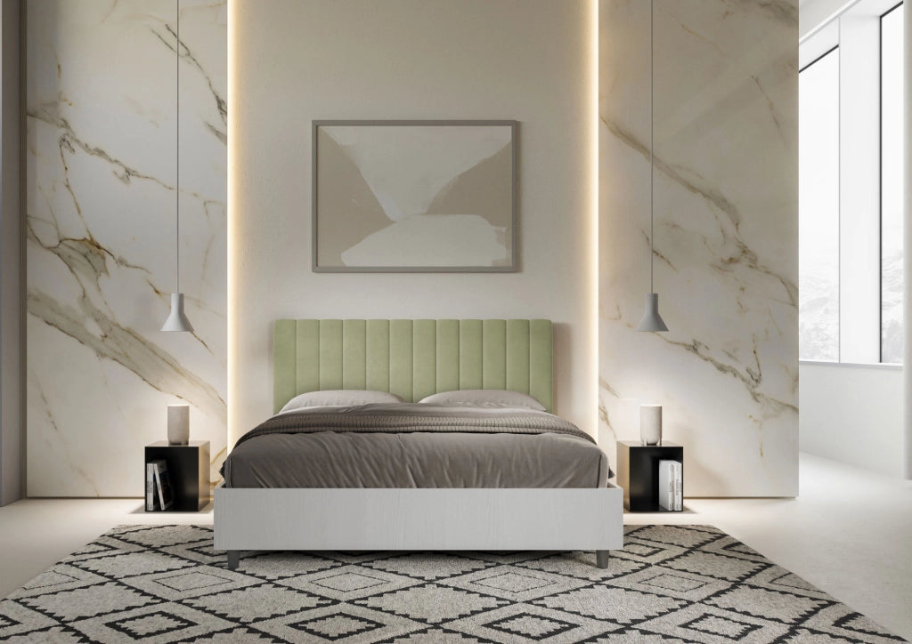 Letto Matrimoniale 160x190 cm con Rete e Contenitore Alzata Comoda Struttura Bianco Frassico e Testata in Microfibra