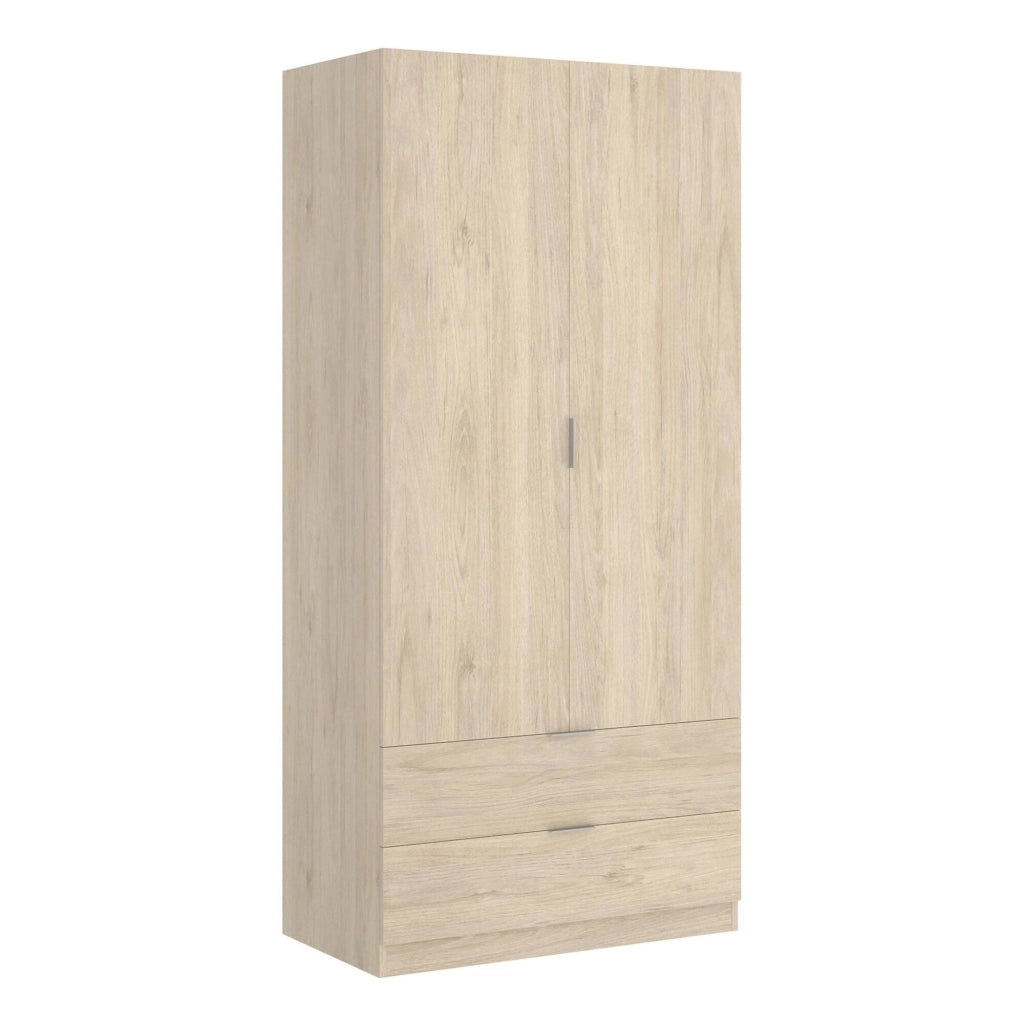 Guardaroba Anya, Mobile appendiabiti per camera da letto, Armadio a 2 ante battenti e 2 cassetti, 81x52h184 cm, Rovere