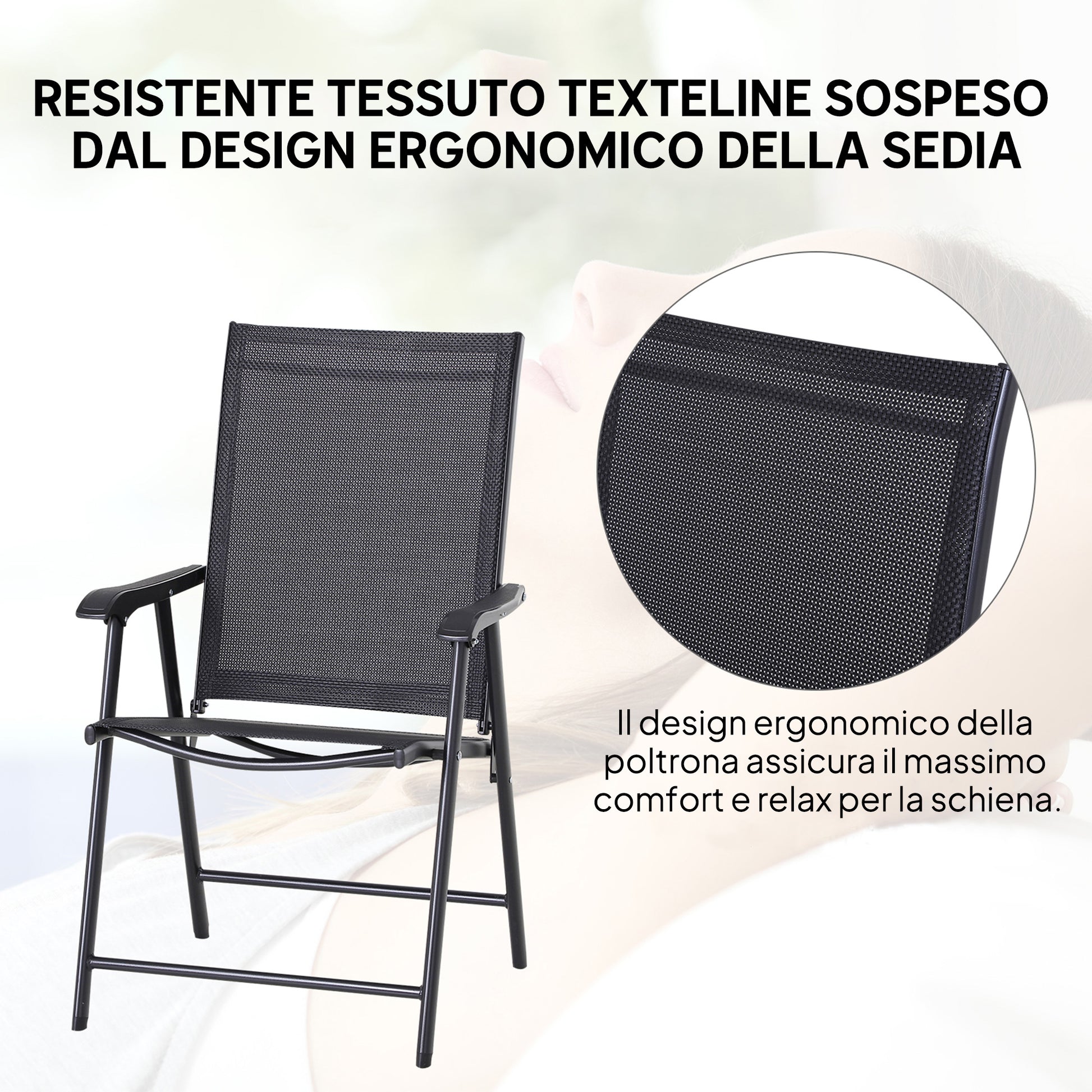 Set 2 Sedie da Giardino 58x64x94 cm Pieghevoli con Braccioli in Metallo e Texteline Nero