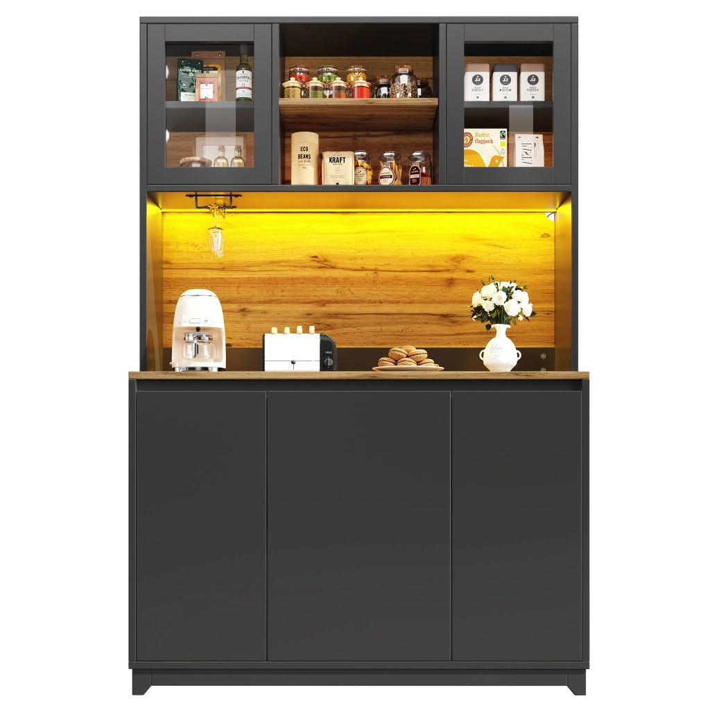 OKWISH Credenza da Cucina Alta con Ripiani, Ante in Acrilico, LED e Vano Pattumiera, Nera, 120 × 40 × 180 cm