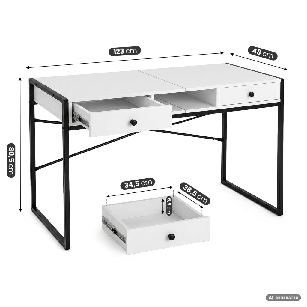Scrivania industriale per computer Bianca ELONIS 123 cm 2 cassetti 1 ripiano gambe nere
