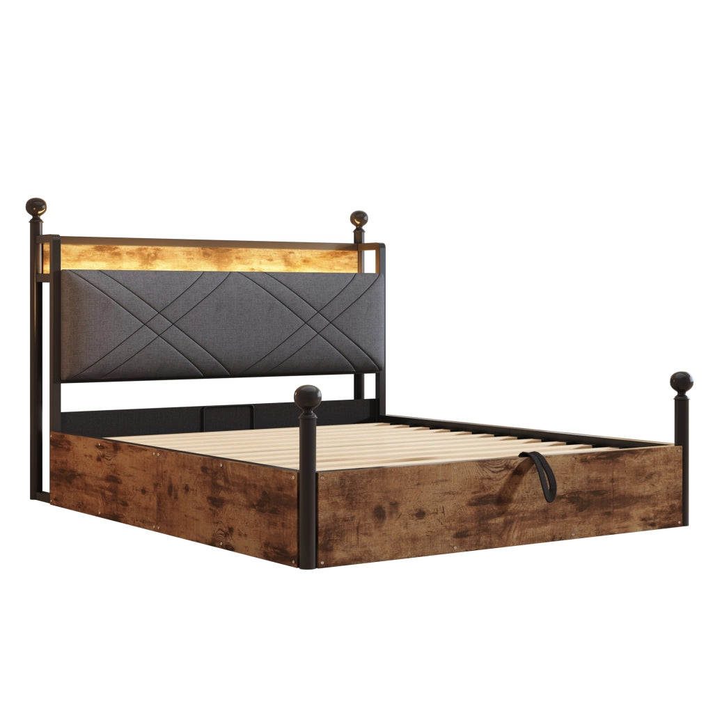 Letto matrimoniale multifunzionale 140x190 cm in metallo nero con baldacchino rimovibile, LED smart, USB/Type-C e contenitore idraulico